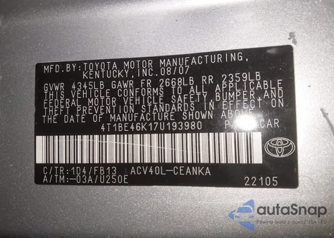 2007 Toyota Camry Le z USA, uszkodzony, nr VIN 4T1BE46K17U193980